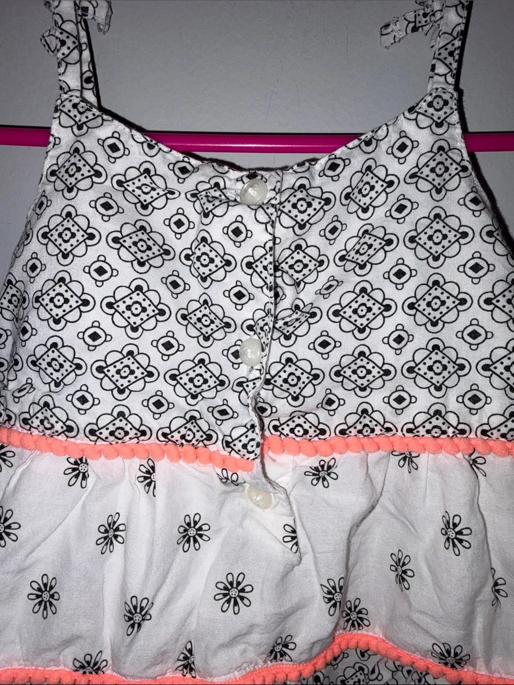 Girls White & Black Floral Tiered Dress with Neon Pink Trim 12-18 months